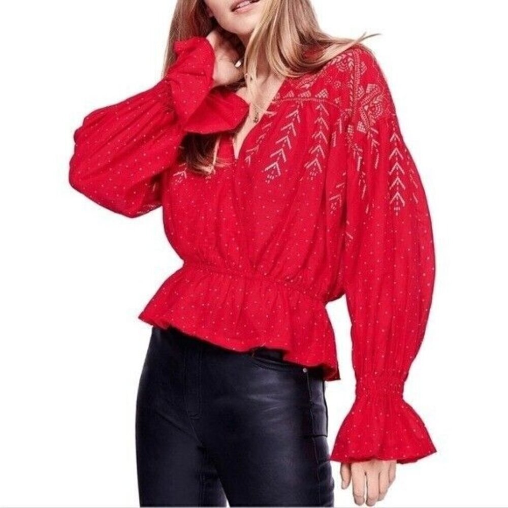Free People Womens Counting Stars Peasant Blouse, Red, Medium